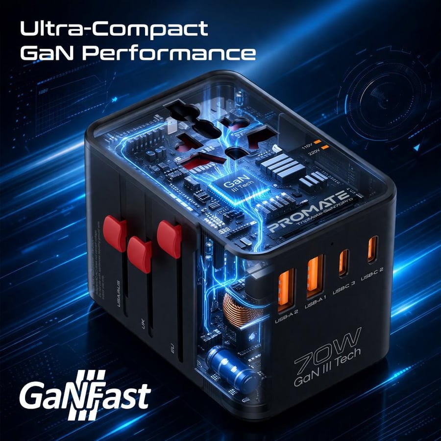 شاحن سفر عالمي بقوة 70 واط بتقنية GaN السريعة، مزود بـ 3 منافذ USB-C ومنفذين USB-A مع توافق عالمي لأكثر من 200 دولة، يدعم شحن اللابتوبات والهواتف والأجهزة الذكية بكفاءة عالية، مع أنظمة أمان متقدمة وتصميم مدمج مثالي للسفر والتنقل ️ TripMate-GaN70Pro