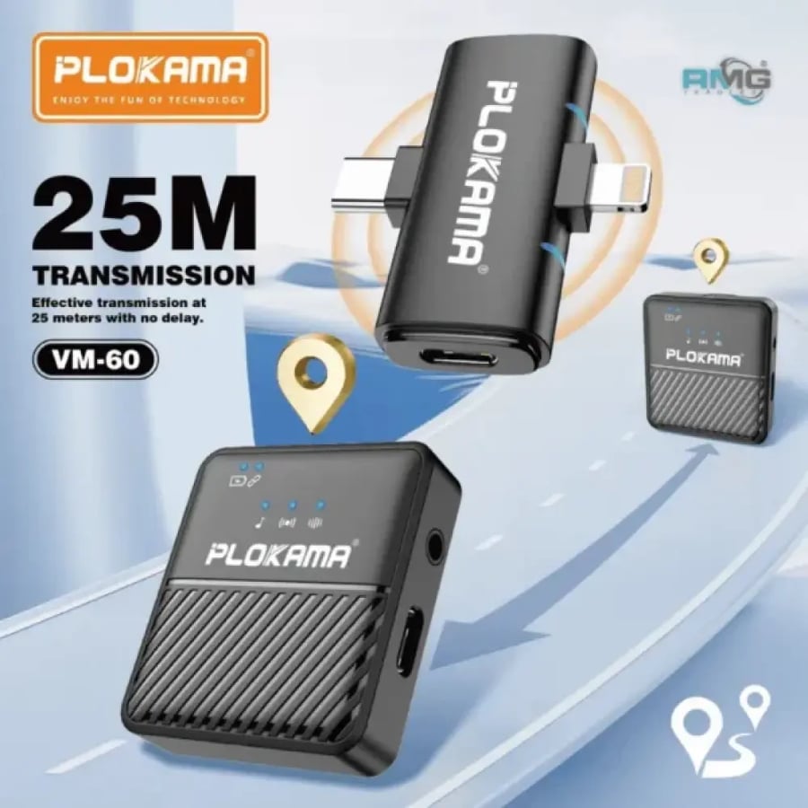 ميكروفون PLOKAMA VM-60 اللاسلكي - صوت نقي؛ خاصية تقليل الضوضاء؛ سهل الاستخدام للبث المباشر والتصوير مع بطارية 200 مللي أمبير
