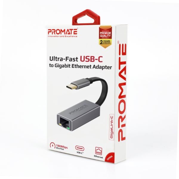 محول USB-C عالي السرعة إلى RJ45 Gigabit ايثرنت يأتي بتصميم مضغوط من سبائك ألومنيوم ممتازة  ويدعم جميع أجهزة USB-C، أجهزة الكمبيوتر المحمولة والأجهزة اللوحية والهواتف المحمولة - بروميت - Promate GigaLink-C