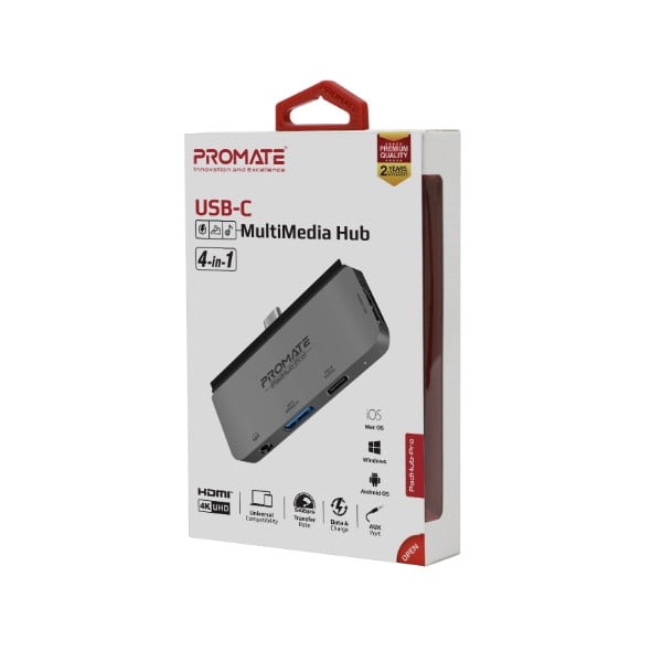 موزع وسائط متعددة USB-C يو اس بي سي 4 في 1 بقدرة 100 واط  لتوصيل الطاقة ومنفذ HDMI بدقة 4K مع منفذ USB 3.0 بسرعة 5 جيجابت في الثانية مع دعم التوصيل والتشغيل  - بروميت - Promate PadHub-Pro