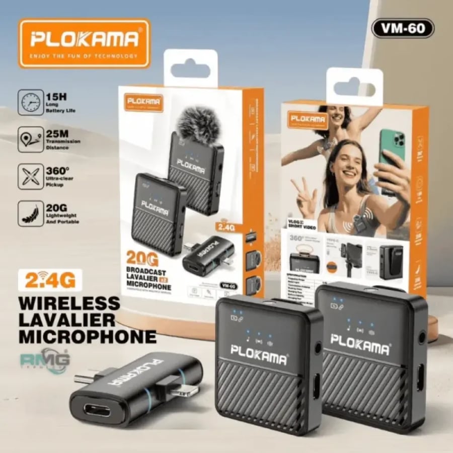 ميكروفون PLOKAMA VM-60 اللاسلكي - صوت نقي؛ خاصية تقليل الضوضاء؛ سهل الاستخدام للبث المباشر والتصوير مع بطارية 200 مللي أمبير