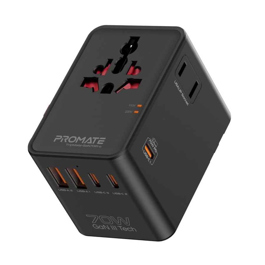 شاحن سفر عالمي بقوة 70 واط بتقنية GaN السريعة، مزود بـ 3 منافذ USB-C ومنفذين USB-A مع توافق عالمي لأكثر من 200 دولة، يدعم شحن اللابتوبات والهواتف والأجهزة الذكية بكفاءة عالية، مع أنظمة أمان متقدمة وتصميم مدمج مثالي للسفر والتنقل ️ TripMate-GaN70Pro