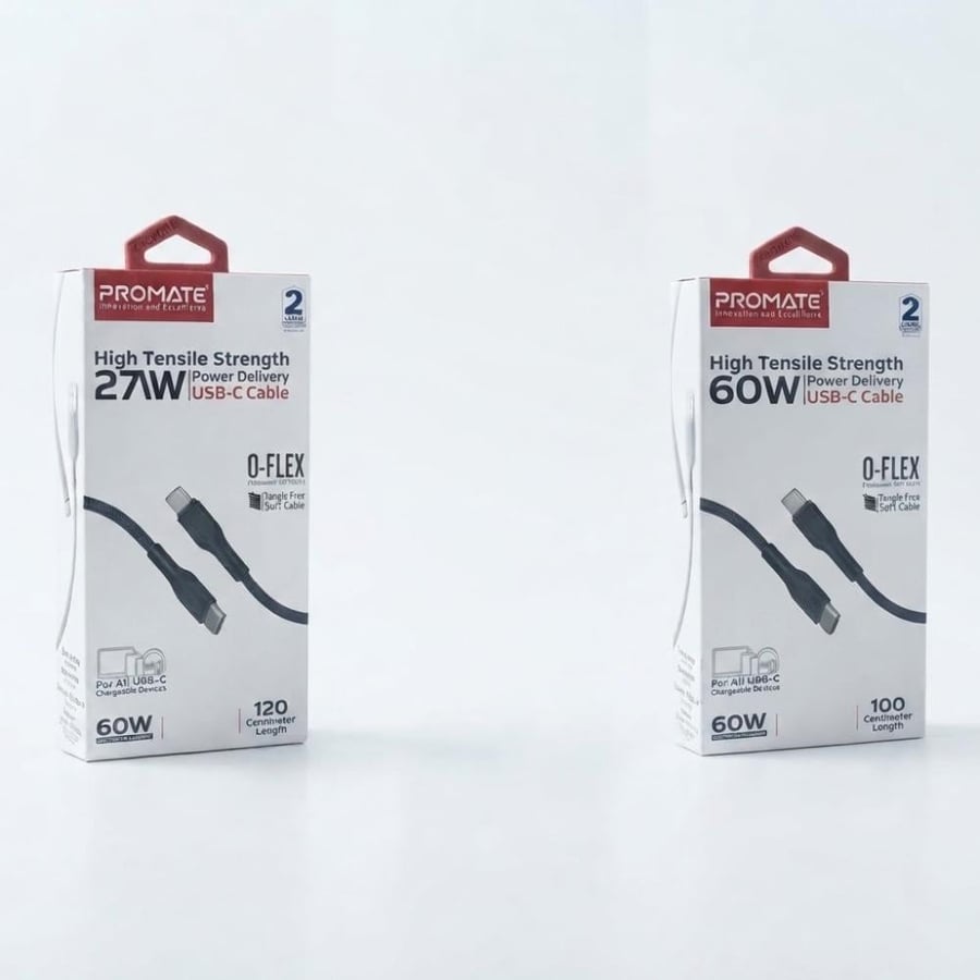 عرض ثلاثي من بروميت لكابلات USB-C (27W Power Delivery، 60W Power Delivery، و Super Flexible Data & Charge)