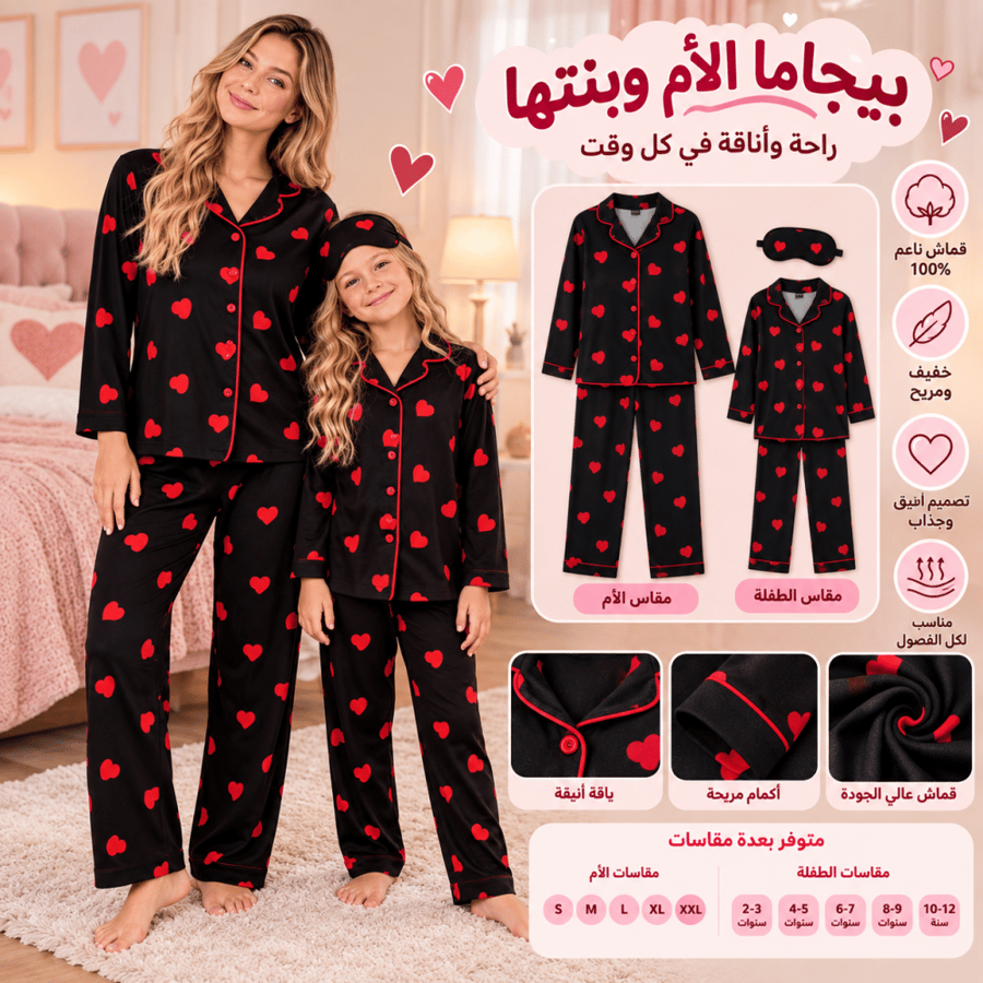 طقم بيجامة قطنية بأكمام طويلة وطبعة قلب للأم والابنة (السعر لطقم واحد)