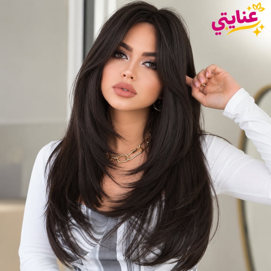 7JHH WIGS شعر مستعار أنيق بني داكن بطول 60.96 سم للنساء - شعر مستعار طويل الطبقات عصري متواضع مع غرة ستائر، شعر مستعار صناعي مصنوع من الألياف المقاومة للحرارة بمظهر طبيعي للارتداء اليومي، وحفلات مهرجان الموسيقى، استخدم هدية عيد الأم