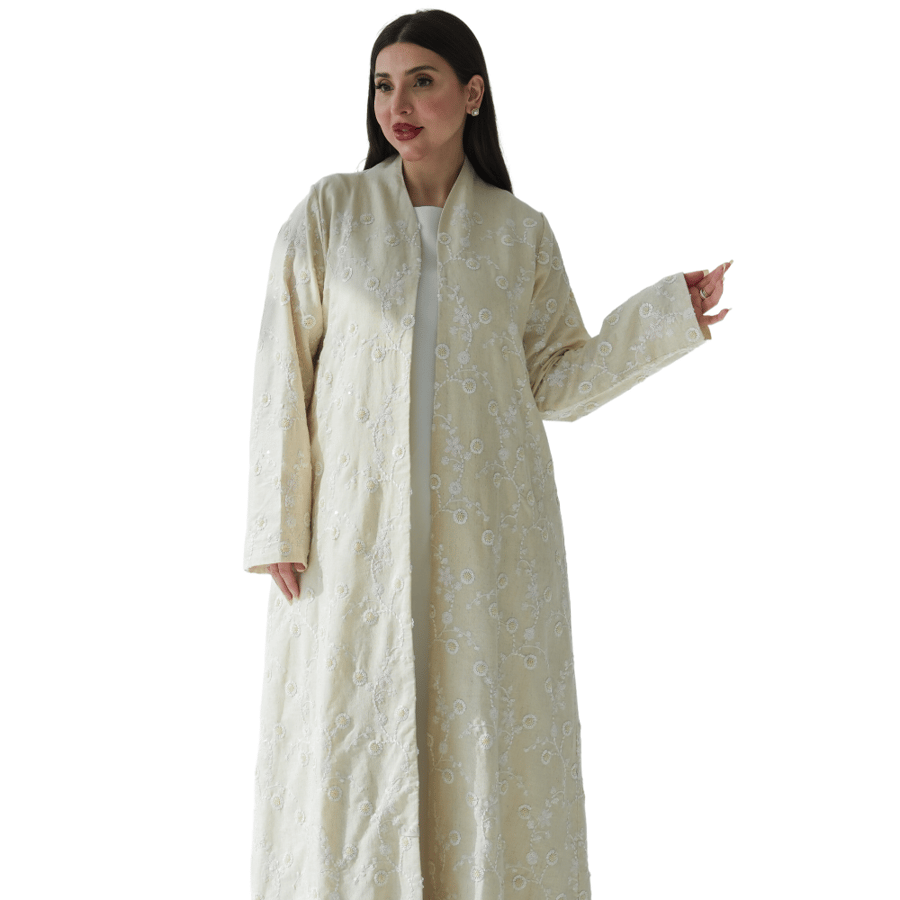 Beige Linen with Floral Sequin Detailing