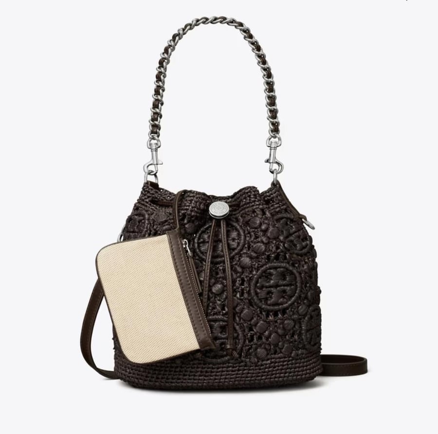 T MONOGRAM RAFFIA BUCKET BAG
