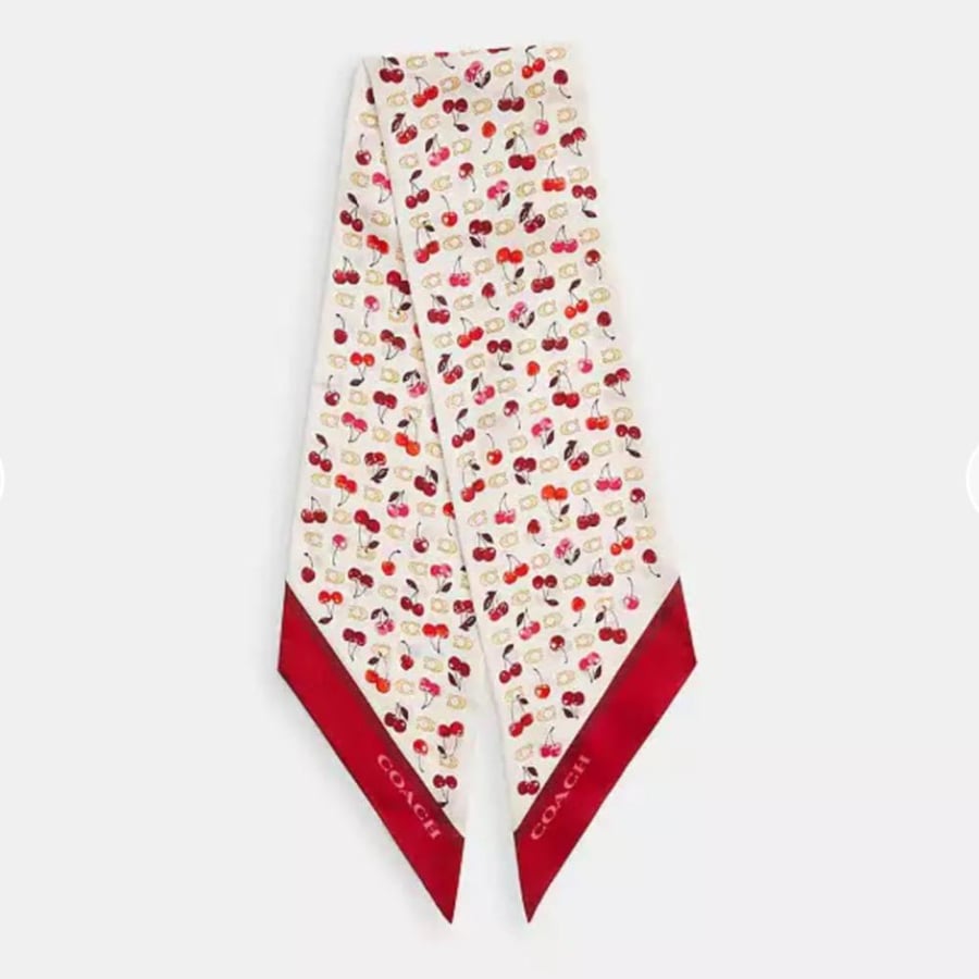 Sculpted C Cherries Print Silk Wide Skinny Scarf