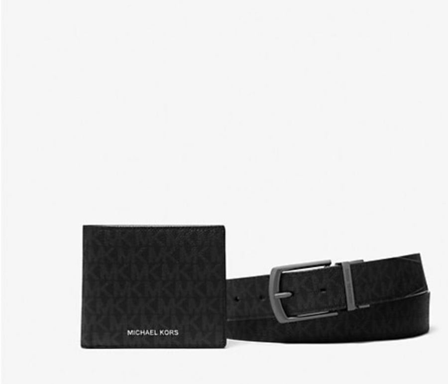 Signature logo billfold wallet and belt gift set