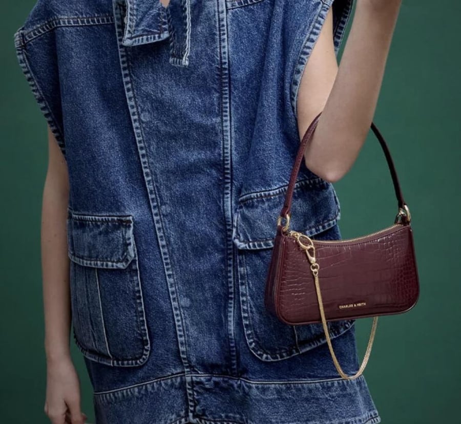 Elspeth Croc-Effect Chain-Link Shoulder Bag - Maroon Red Croco