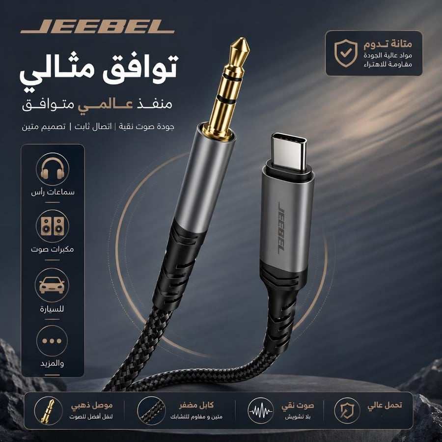 كيبل جيبل من USB-C إلى AUX 3.5mm بطول 1.2م – جودة صوت استثنائية، تصميم قوي، متوافق مع جميع الأجهزة