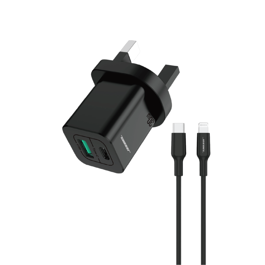 شاحن جداري جيبل بقوة 30 واط مع منفذي PD + QC وكابل آيفون معتمد من Apple