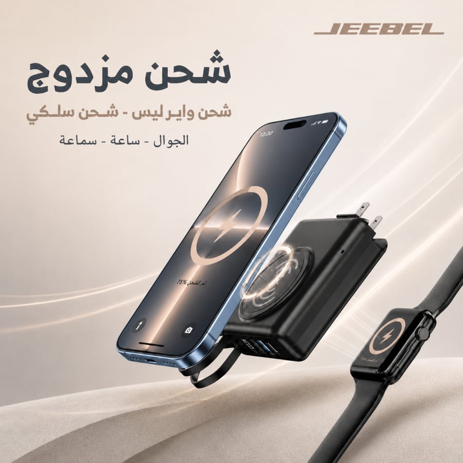 شاحن جداري وباور بانك 5 في 1 جيبل – شحن سريع PD ولاسلكي مع كابلات مدمجة