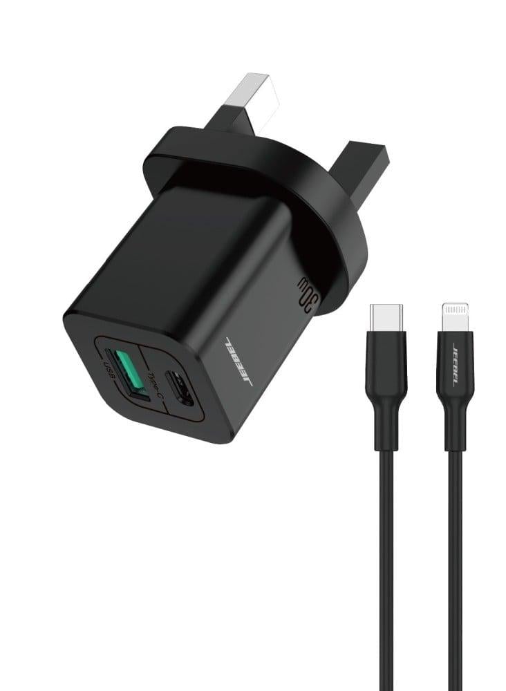 شاحن جداري جيبل بقوة 30 واط مع منفذي PD + QC وكابل آيفون معتمد من Apple