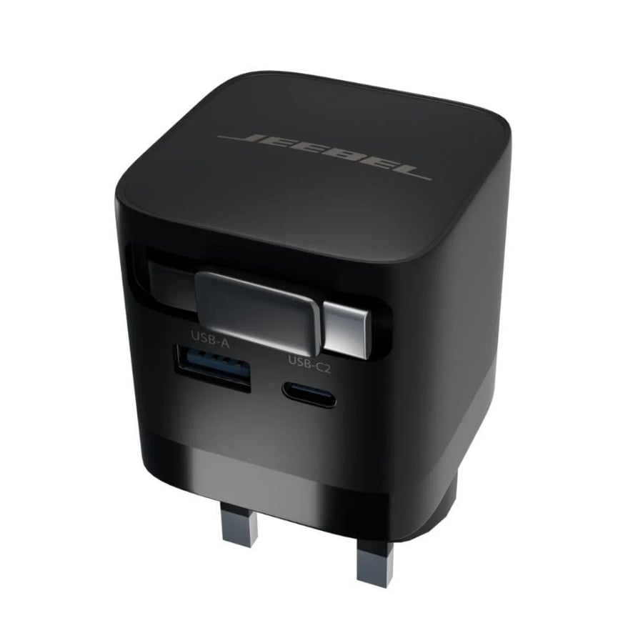 شاحن جداري GaN من JEEBEL – قدرة 65 واط بمنفذين USB-A وUSB-C | شحن سريع متعدد الاستخدامات مع محول مزدوج UK/US