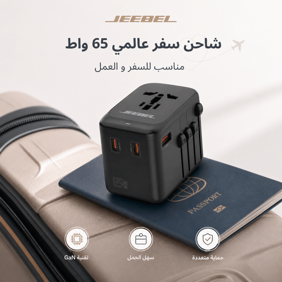 شاحن جداري جيبل عالمي – 3 منافذ شحن (2× Type-C + USB) بقوة 65 واط بتقنية PD – موديل JE-B308