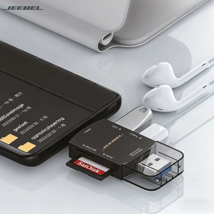 قارئ ذاكرة من جيبيل متعدد الوظائف SD وmicroSD بوصلة تايب سي وUSB ولايتننغ