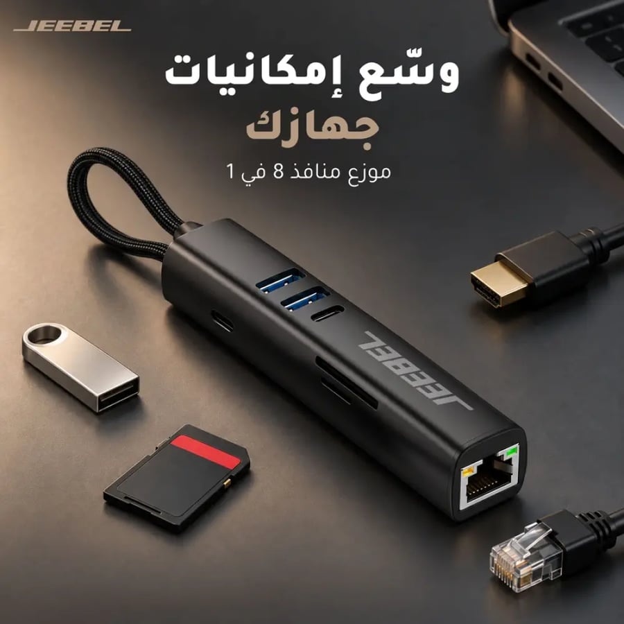 محول جيبيل تايب سي 8 في 1 متعدد المنافذ بشحن 100 واط وHDMI وإيثرنت وقارئ ذاكرة