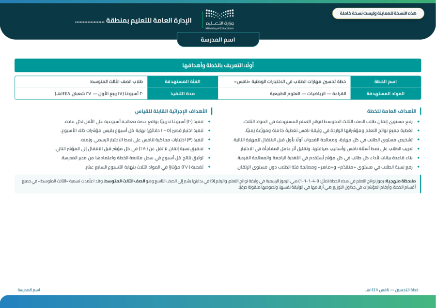 خطة تحسن أداء الطلاب / الطالبات الشاملة للاختبارات الوطنية نافس ( لإدارة المدرسة )