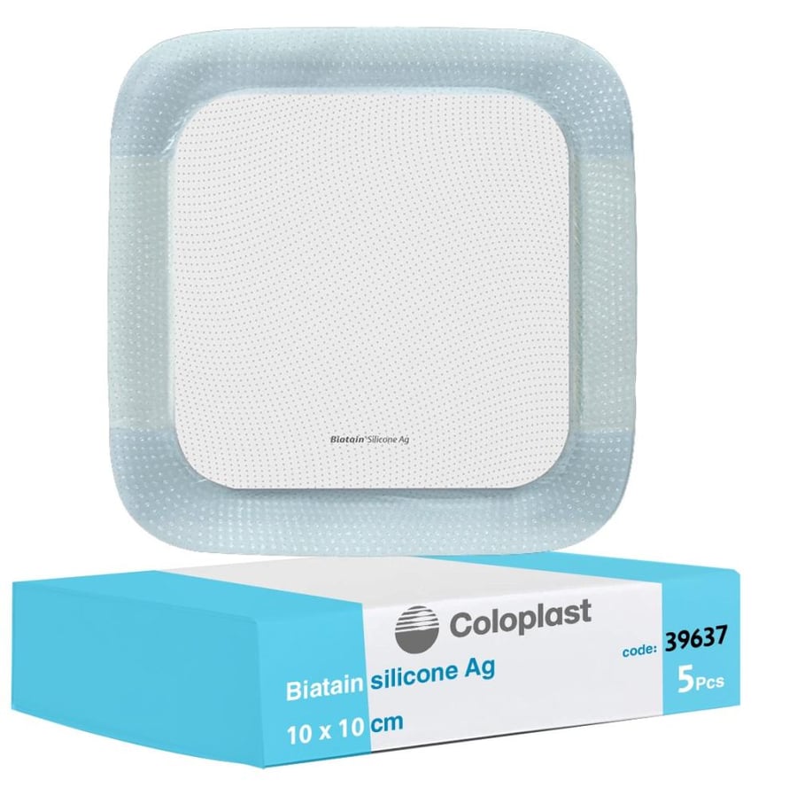 كولوبلاست لصق ضمادة رغوية بتركيبة فضية لعلاج الجروح علبة 5 حبة coloplast biatain silicone Ag 10 10cm
