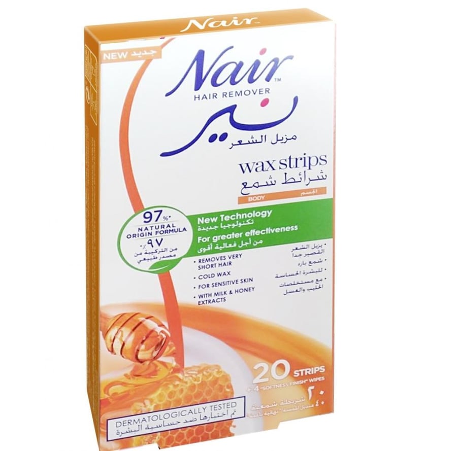 نير شرائط شمع مزيل لشعر للجسم بخلاصة الحليب والعسل 20 شريط NAIR HAIR REMOVER WAX STRIPS BODY