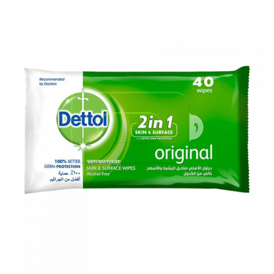 مناديل ديتول مبللة 2 في 1 40 منديل DETTOL SKIN WIPES ANTI BACTERIAL