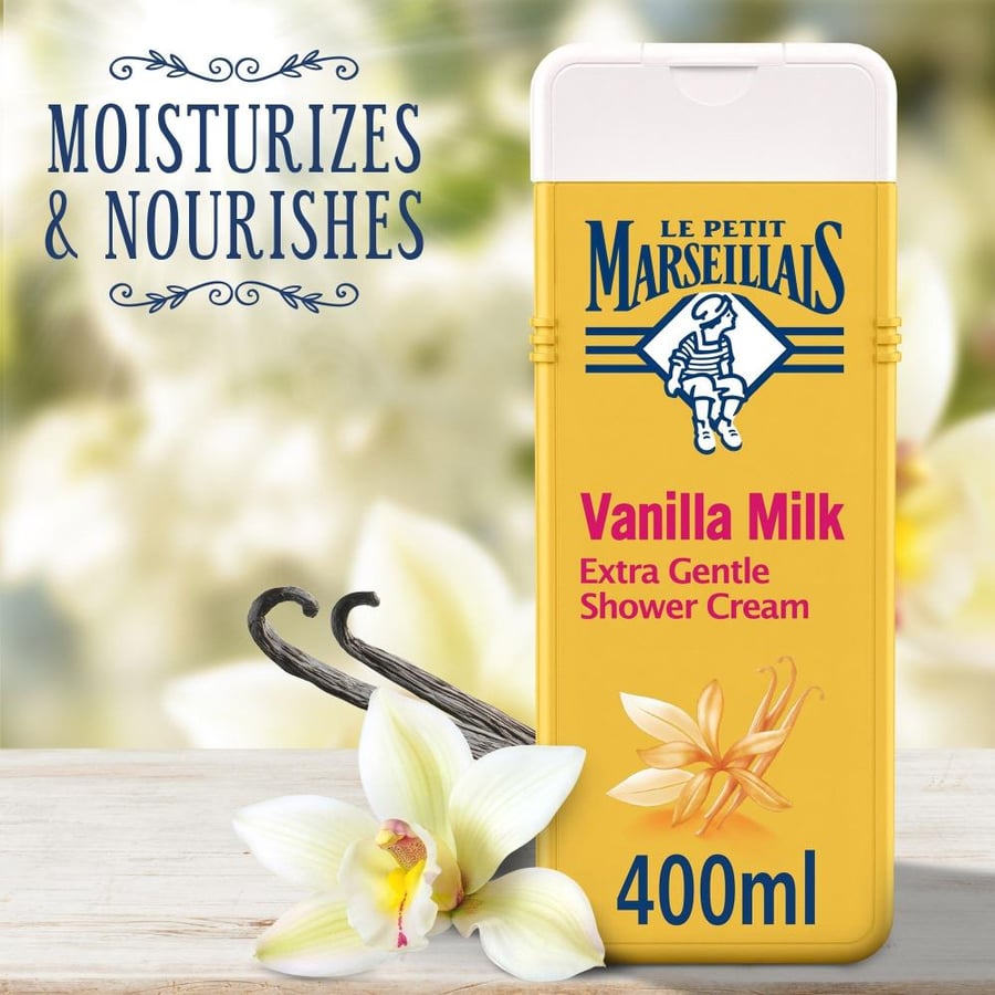 لي بيتيت مارسيلايس حليب كريم استحمام بالفانيلا فائق اللطف يرطب ويغذي 400 مل LE PETIT MARSEILLAIS VANILLA MILK EXTRA GENTLE SHOWER CREAM