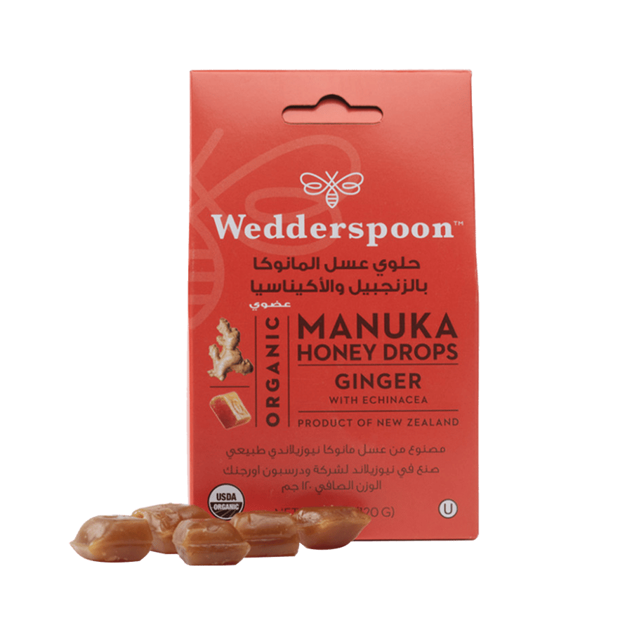 ويدرسبون حلوى عسل المانوكا بالزنجبيل والأكيناسيا 120 جرام WEDDERSPOON MANUKA HONEY DROPS GINGER