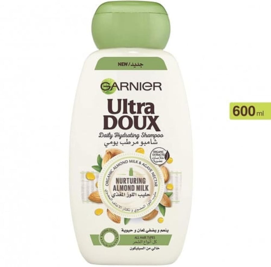 غارنيه الترا دوكس شامبو ترطيب يومي بحليب اللوز المغذي 600 مل GARNIER ULTRA DOUX DAILY HYDRATING SHAMPOO
