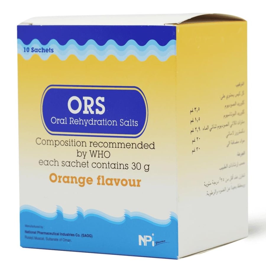 او ار اس محلول الجفاف أملاح الإرواء الفموي بنكهة البرتقال 10 أكياس 30 جرام ORS ORAL REHYDRATION SALTS ORANGE FLAVOUR