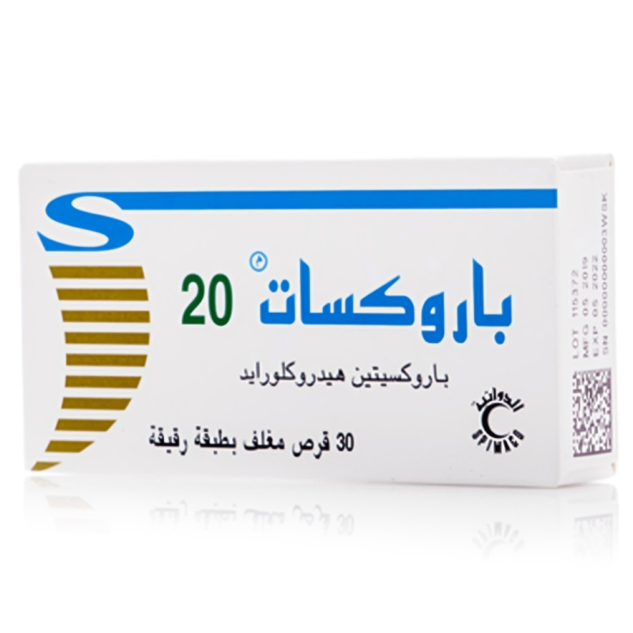 باروكسات 20 ملجم أقراص مغلفة   مضاد للاكتئاب ومثبط انتقائي لإعادة امتصاص السيروتونين   30 قرص