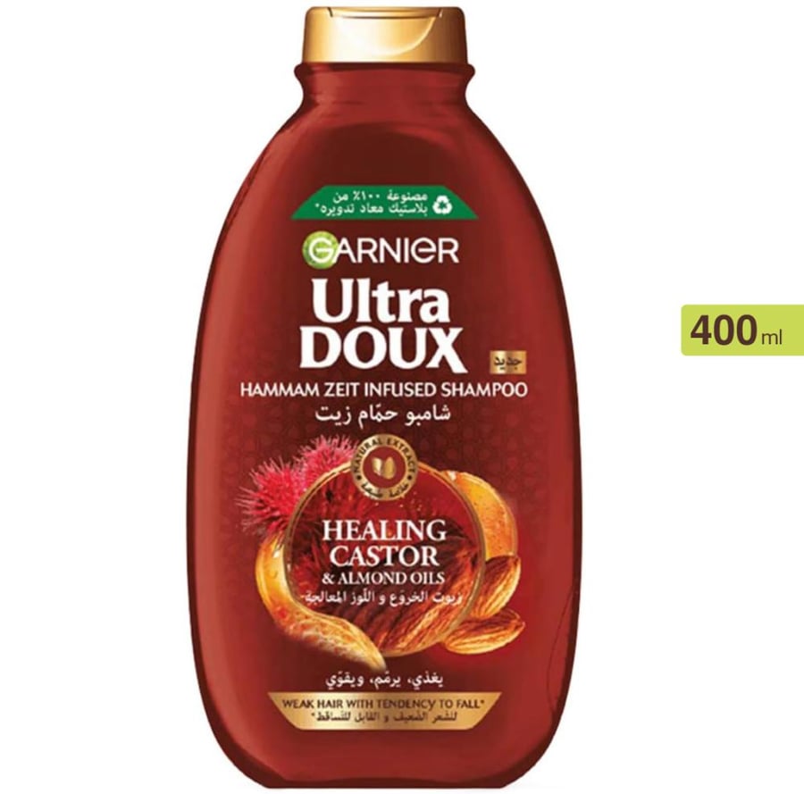 غارنيه الترا دوكس شامبو حمام زيت بزيت الخروع واللوز 400مل GARNIER ULTRA DOUX HAMMAM ZEIT INEUSED SHAMPOO