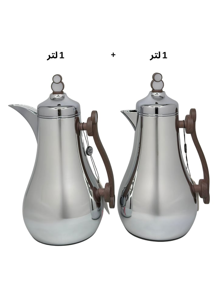 طقم ترامس لوفر 2 حبة استيل لوفر سعة 1لتر للمقاسين + 6كاسات شاي و 6 فناجين قهوة +1 طوفرية استيل لون كروم فضي / خشبي،  اجمالي القطع 21 ق، ضمان الشركة 1 سنة علئ حفظ الحرارة