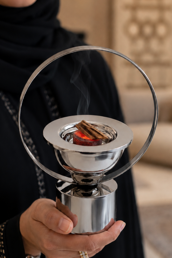 مبخرة فضي بمقبض دائري أسود تيتانيوم أنيق – تصميم ديكوري فاخر، ارتفاع 26 سم