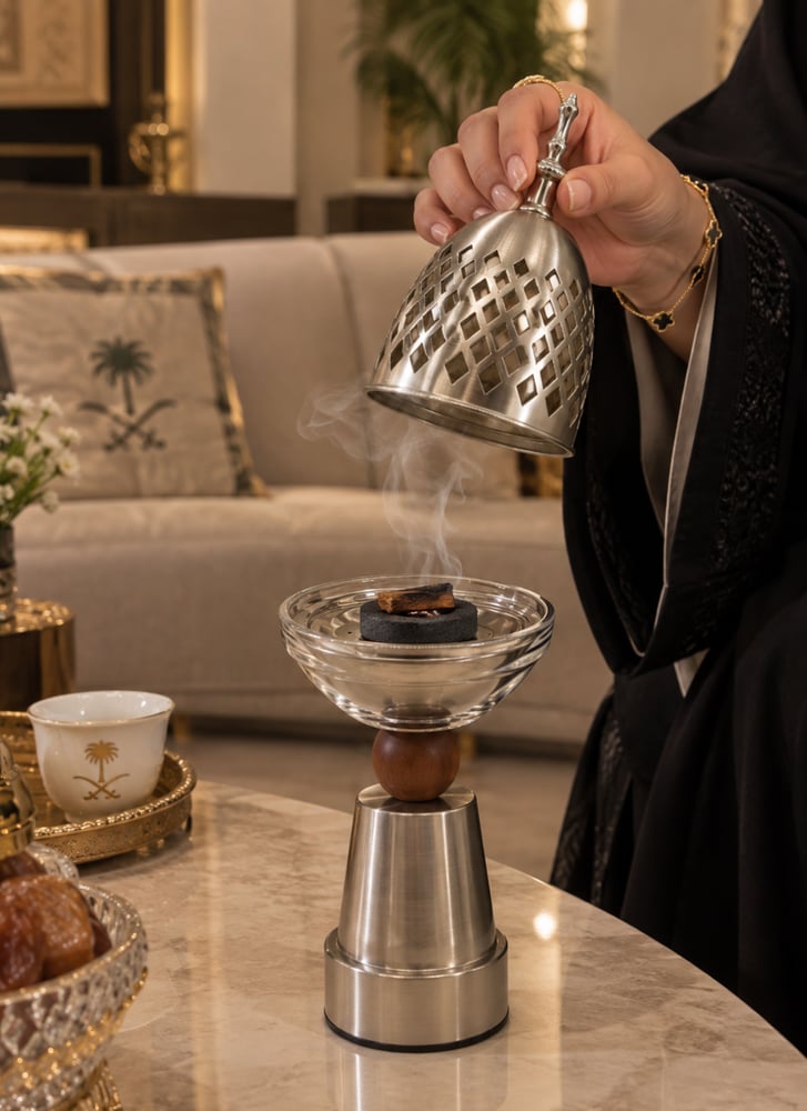 مبخرة استيل فضي مطفي فاخرة مع ديكور خشبي