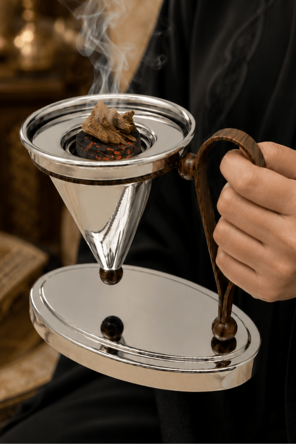 مبخرة استيل بقاعدة فضي عصرية مع يد خشبي| موديل جديد