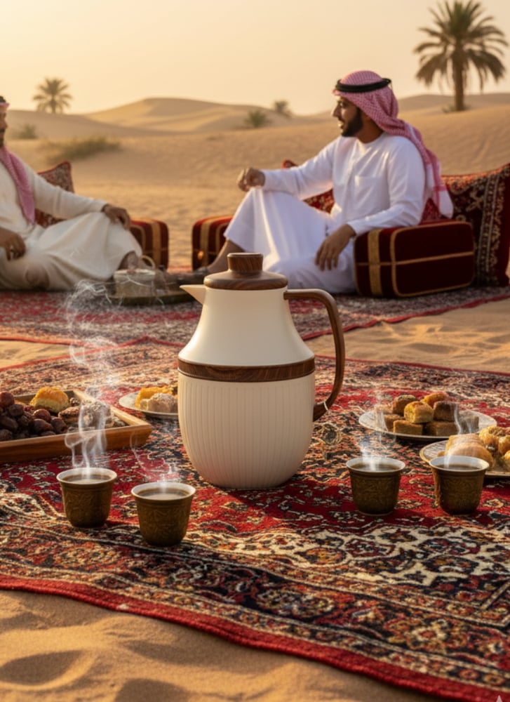 ترمس القناص شاي او قهوة بلاستيك فاخر سعة 1 لتر، لون لؤلي/خشبي