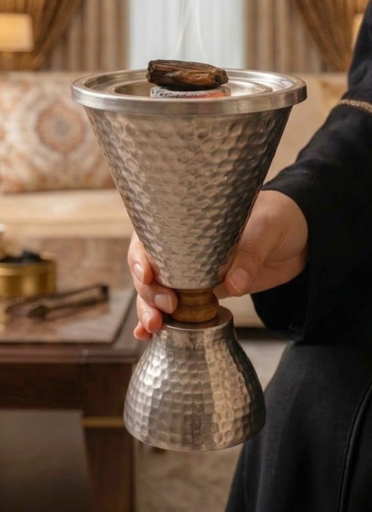مبخرة استيل فضي مطفي فاخرة مع ديكور خشبي