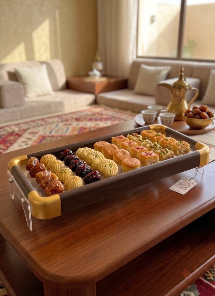 صينية تقديم اكريليك اطار خشب بقاعد و زوايا ذهبي مطفي شكل جديد وحصري
