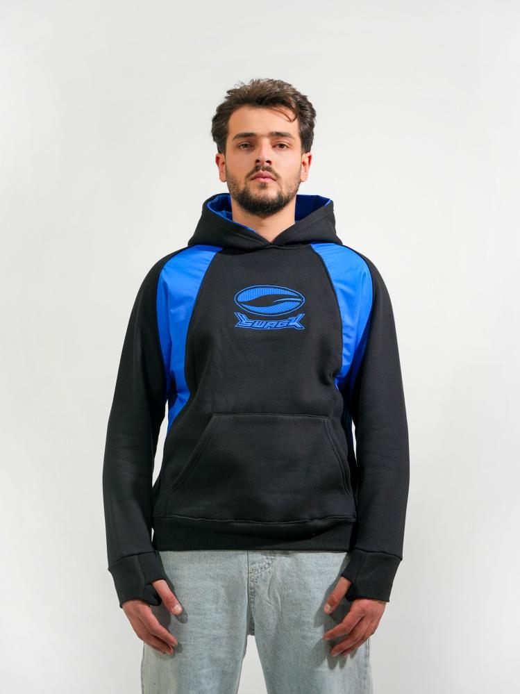 Elegant hoodie with colored sides and finger design - black