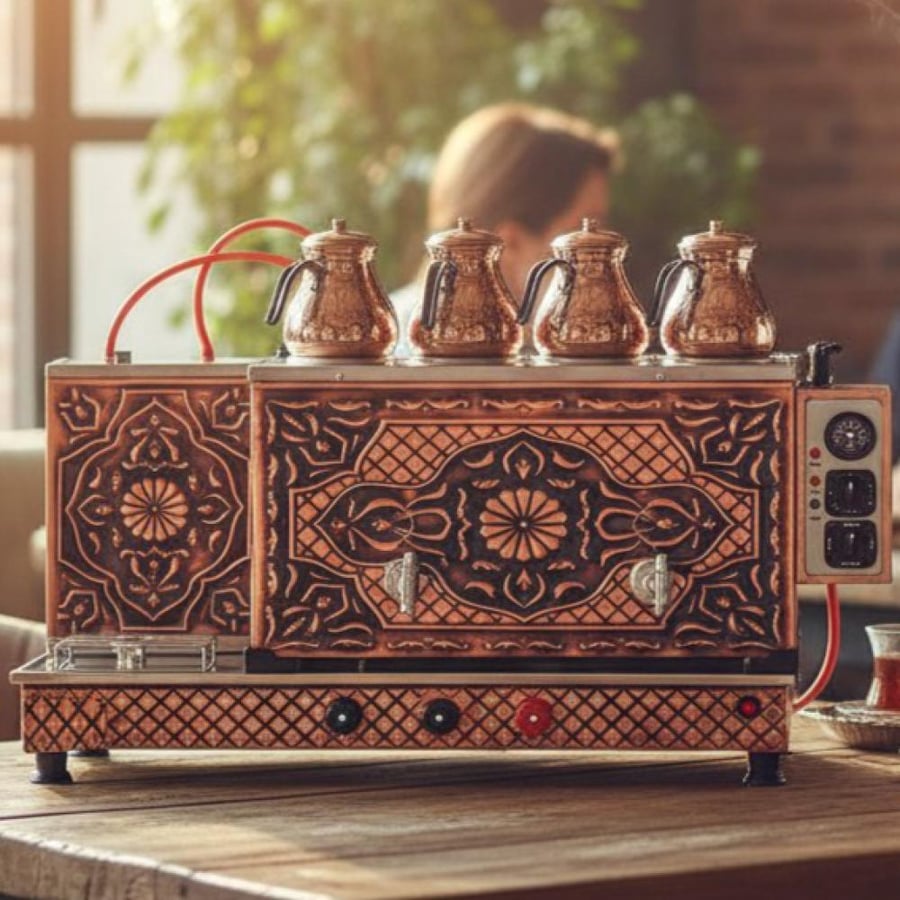 سماور ماكينة الشاي البخاري والقهوة النحاسي الأصلي ذو الأربع أباريق بسعة 40 لتر كهرباء وغاز