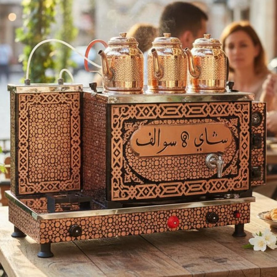 Original Copper Tea and Coffee Samovar with Four Kettles, 40-Liter Capacity, Electric and Gas, Automatic