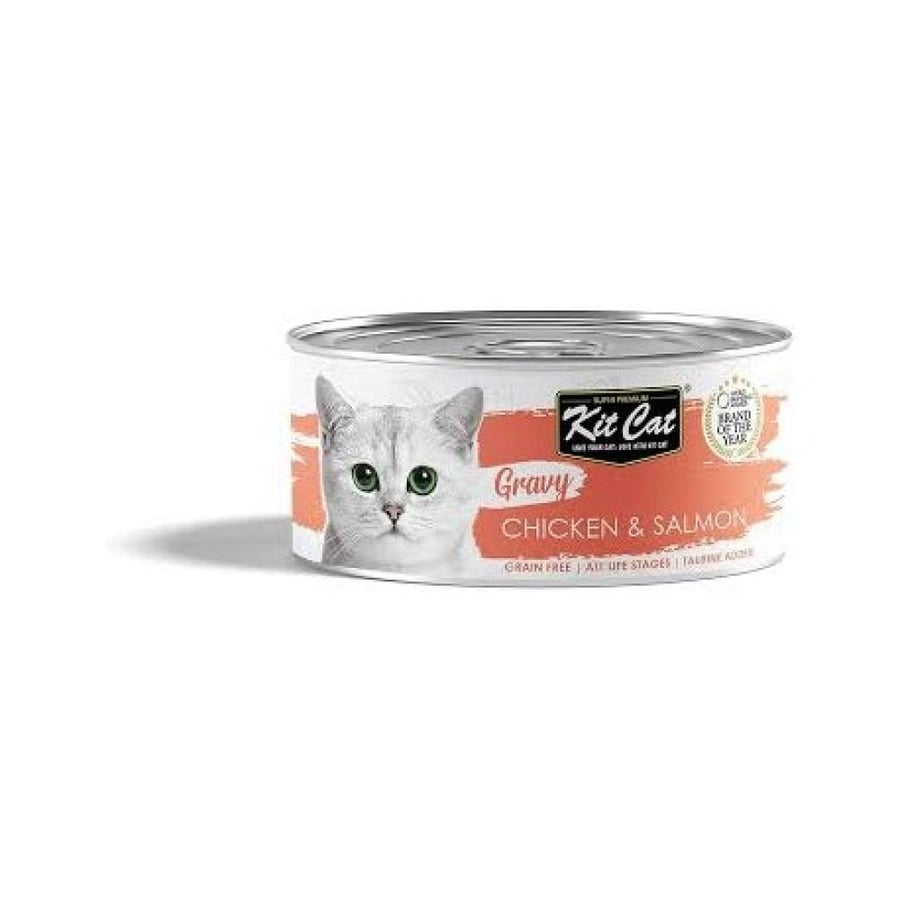 كت كات معلبات الدجاج و السالمون بالمرق للقطط البالغة 80غ - KitCat wet food chicken and salmon in gravy 80g