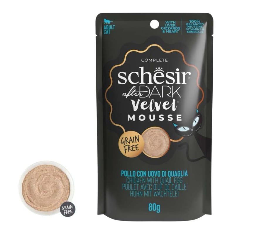 شيزير اظرف موس فيلفيت الدجاج وبيض السمان للقطط 80غ - Schesir Pouch Mousse Velvet Chicken & Quail Egg for Cats 80g