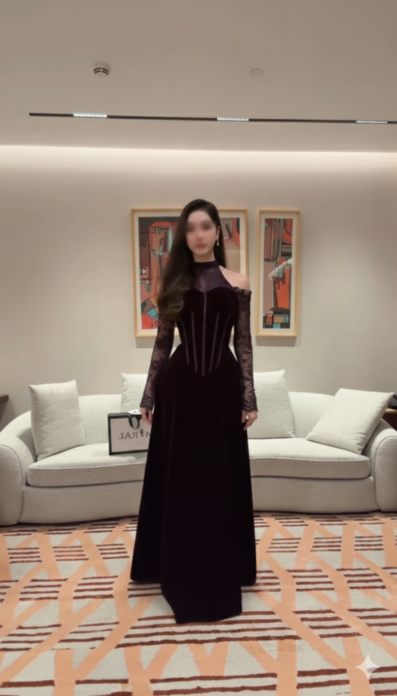 Velvet dress with lace purple color