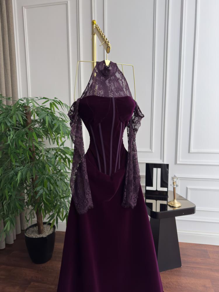 Velvet dress with lace purple color