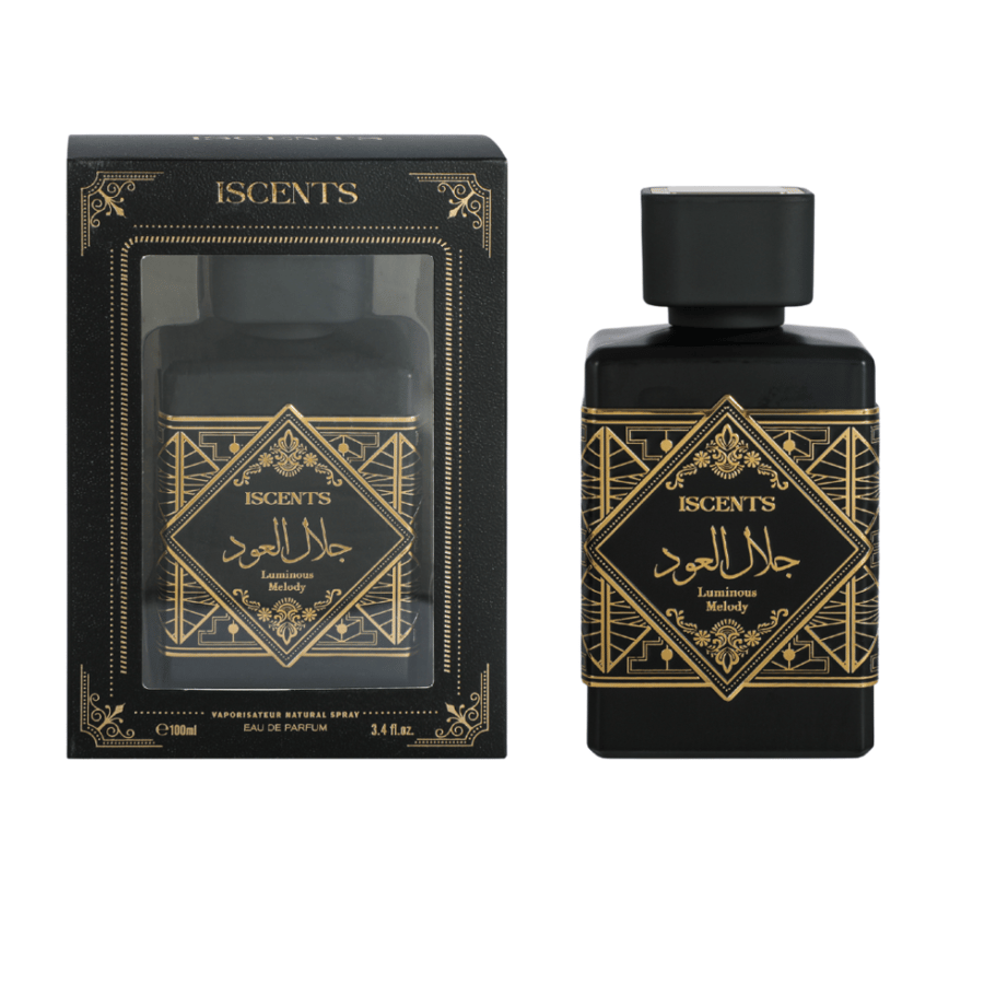 عطر جلال العود Luminous Melody الأسود من آيسنت أو دو بارفيوم 100 مل بطابع شرقي وتصميم أسود وذهبي