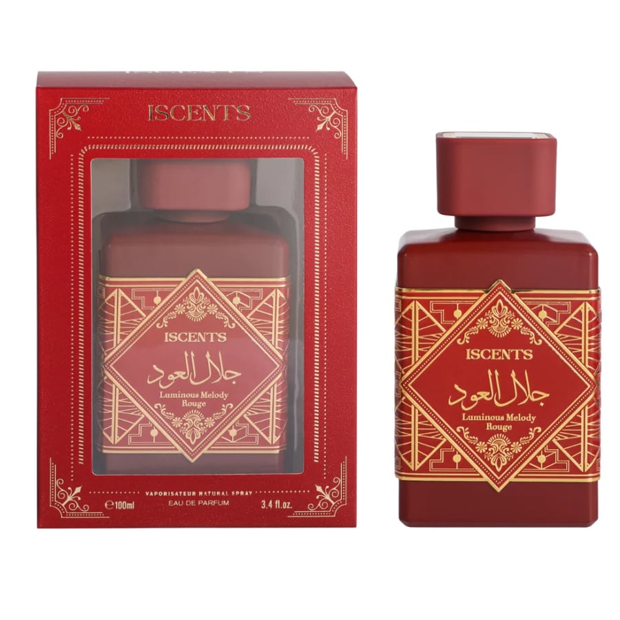 عطر جلال العود Luminous Melody Rouge من آيسنت أو دو بارفيوم 100 مل بطابع شرقي وتصميم أحمر وذهبي