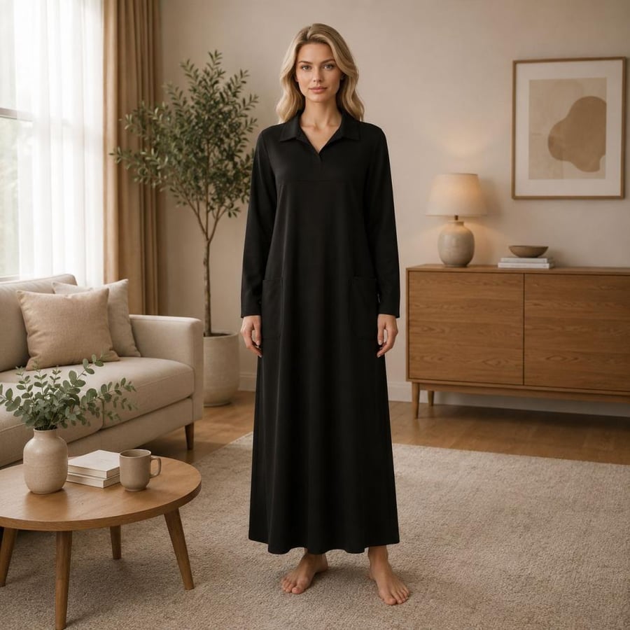 قميص ساده أسود طويل الأكمام بتصميم كلاسيكي مريح