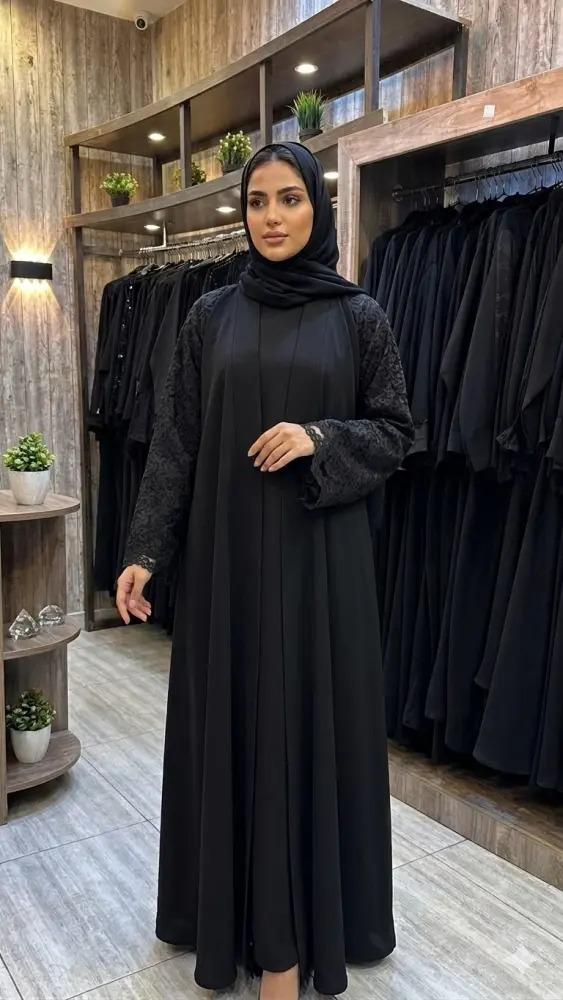 عباية مخمل كلوش-عباية كم دانتيل-اكمام دانتيل للعبايه